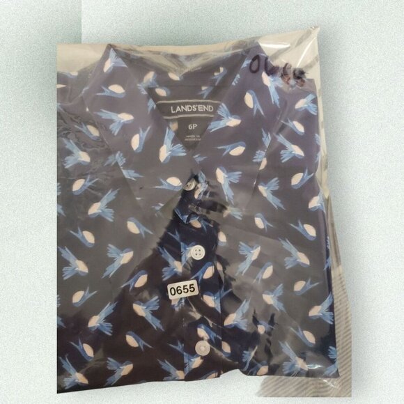Lands End Button-Down Shirt Blue Supima & White Bird Print Long Sleeve 6Petite - Picture 9 of 9